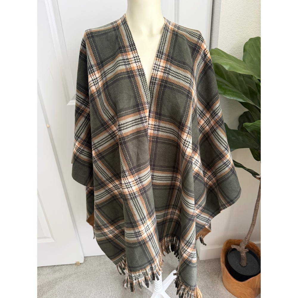 Rachel Roy Womens Plaid Fringe Poncho Wrap Olive Green Tan One Size